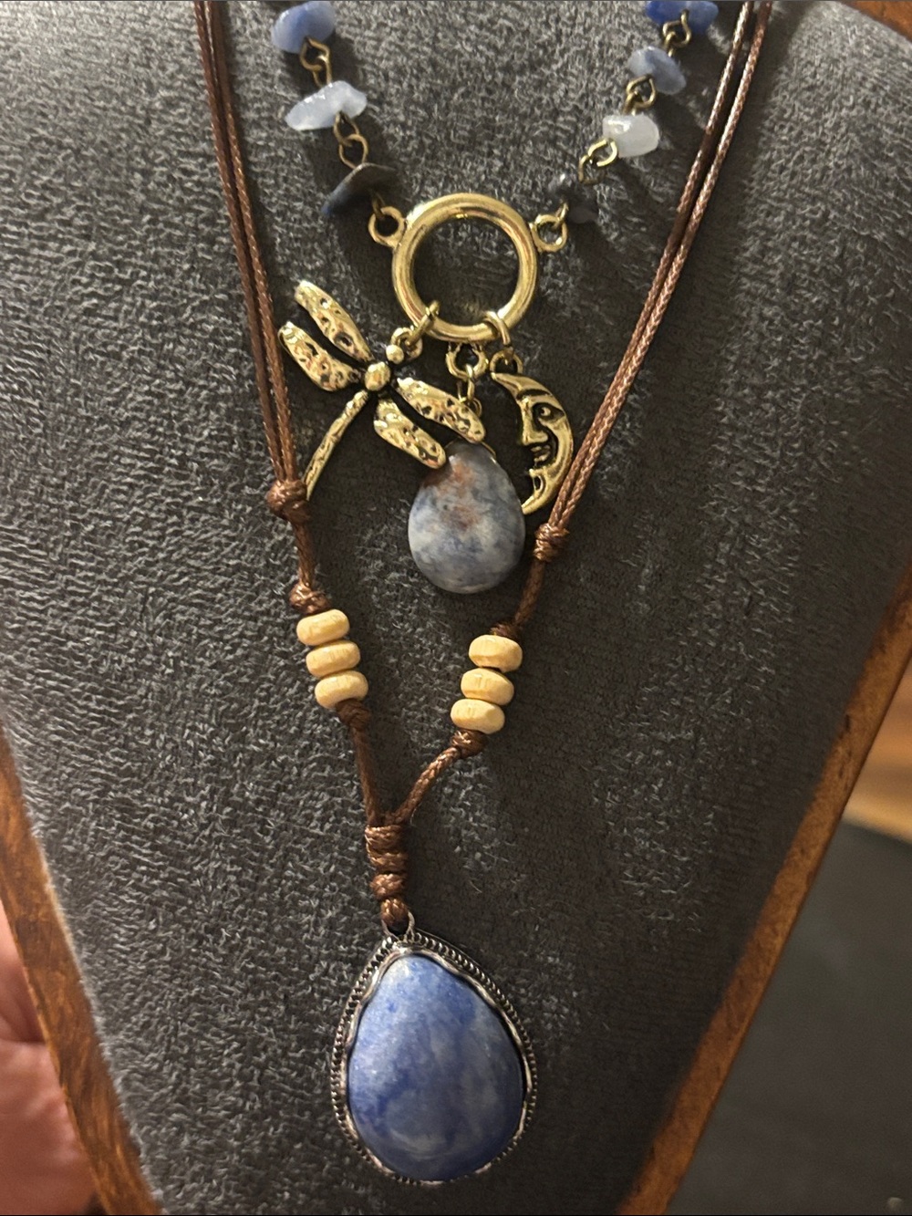 Boho Blue Stone Drop Necklaces with Dragonfly & Moon Charms